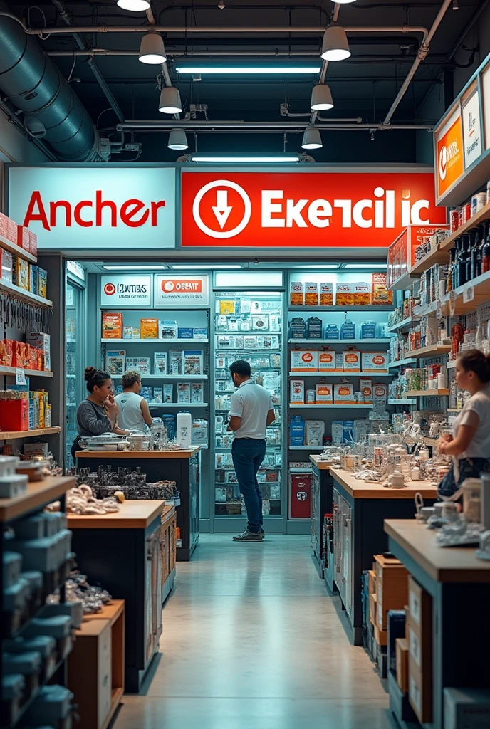 An electrical shop in which there are boards on the sides and on the board there is mention of Anchor, Havels, orient and below eletrical items everything is installed in difderent section.Make such an image.