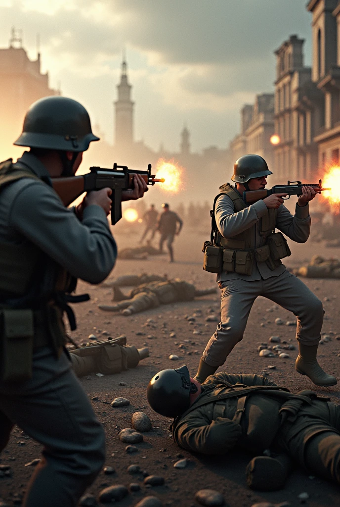 A battlefield from World War II , opening enemy fire a shootout with dead people lying on the floor in the background