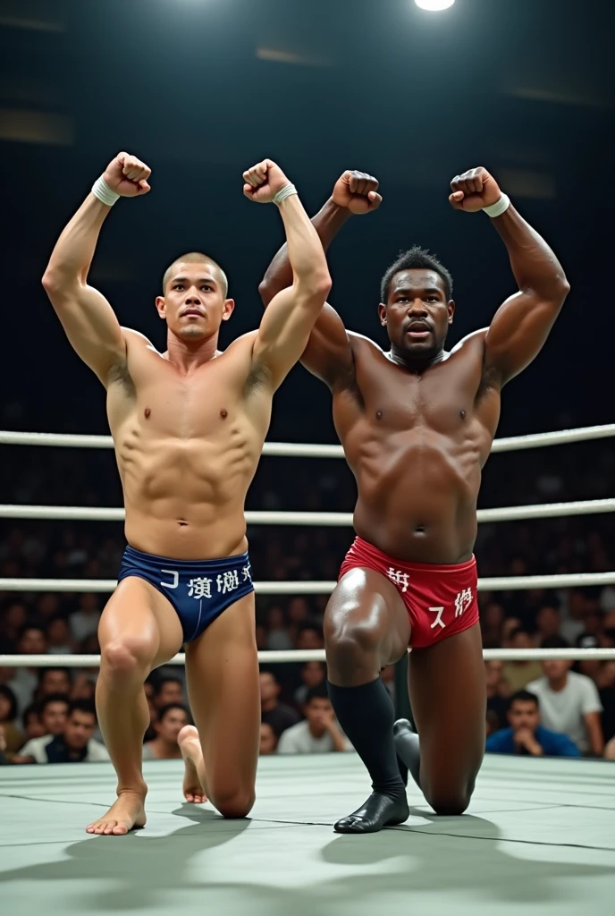 A young Japanese professional wrestler A and a senior Japanese professional wrestler B are in the ring.。They are on the same team。
A is buzzcut and muscular、Wearing short tights。Sweaty。
B is short-haired, muscular, and dark-skinned、Wearing short tights。
A and B put one knee on the ring and raise their arms to the front Show off your muscles by doing a double biceps pose。
Fujifilm, look up,