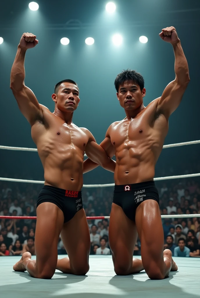 A young Japanese professional wrestler A and a senior Japanese professional wrestler B are in the ring.。They are on the same team。
A is buzzcut and muscular、Wearing short tights。Sweaty。
B is short-haired, muscular, and dark-skinned、Wearing short tights。
A and B put one knee on the ring and raise their arms to the front　Show off your muscles by doing a double biceps pose。
Fujifilm, look up, 