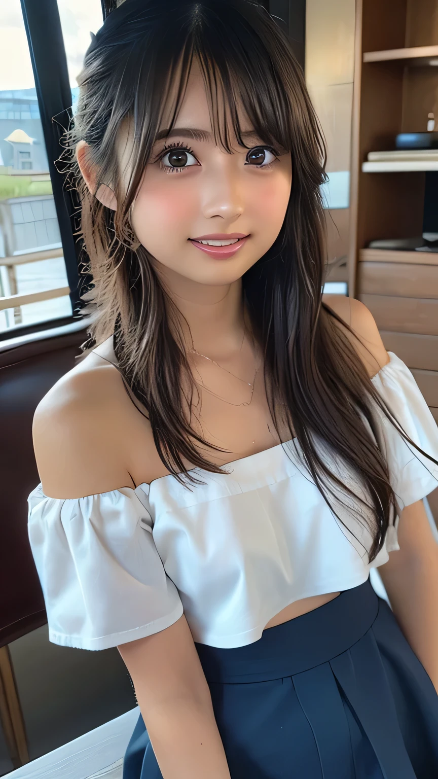 (tanned skin1.5)(Smile 1.6)、4K,Highest quality、Masterpiece、Selfie from diagonally above、cute、Mid-chest、 Perfect beauty、With bangs、Loose and fluffy hair、Light brown hair、 False eyelashes、eyeliner、Highly detailed face and skin texture、False nails、Off-the-shoulder cropped T-shirt、mini skirt、Cafe Terrace