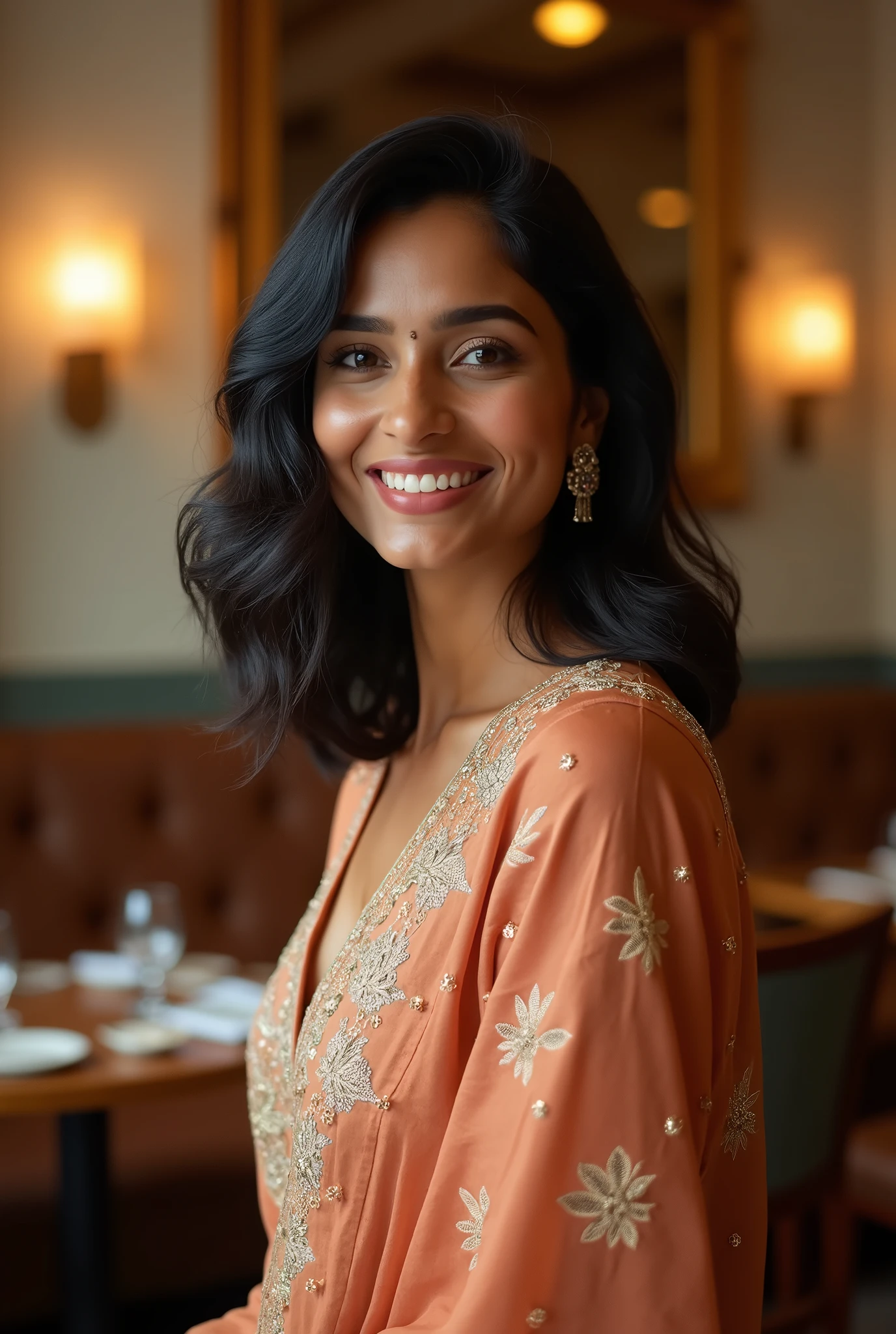 Generate a captivating cover photo featuring a 2 Indian woman in a stylish restaurant setting. The woman should have medium-length black hair styled elegantly and a radiant, confident smile. She is dressed in a modern yet culturally inspired outfit, such as a chic kurti or a sophisticated blouse. The background should showcase a cozy, upscale restaurant ambiance with soft lighting, wooden furniture, and tasteful decor. Ensure the image is vibrant and professional, with a balanced composition that highlights the woman as the focal point. The overall feel should be polished and inviting, reflecting both elegance and warmth. genrate only one girl