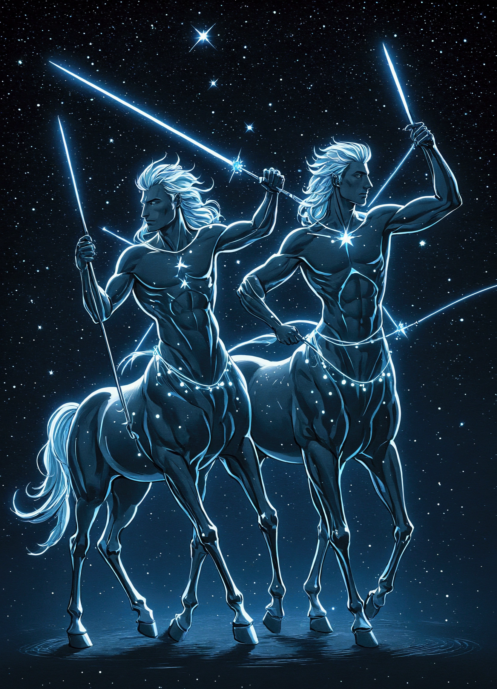 Illustration of centaurs with luminous lines, centaurs holding spears, stars and starry sky, constellations, constellation Centaurus, 1man, (a man wearing a tunica)