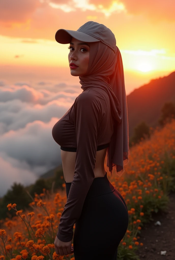 portrait photograph of a young java woman hijab with polo Cap, wearing pinarofe with tight-fitting, hotpant with leggings, pinarofe, oversized_breasts.", she is hiking, beautiful_breasts. sensual body, in a unique, photoshot model, ((In front of flowers in sea of clouds over the mountain)), pullover, highres, 4k, HDR, 1girl, photorealistic, realistic, big booobs, turning away facial at viewer, sunset