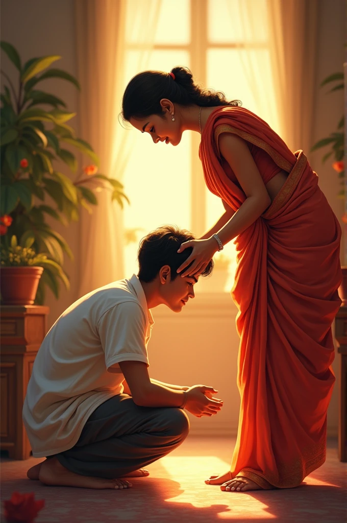 The young man at home, bowing down to touch his mother’s feet, seeking her blessings, with the mother smiling lovingly."