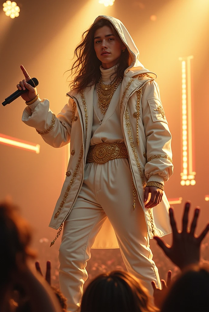 artwork best quality handsome american male ager long brown hair light skin with white cape and hooded coat on head with gold accents white long sleeve shirt and white pants underneath intricate gold accents singing holding a microphone seen from afar pointing at the audience at a concert with and gold lighting accents accents uhq 8k
