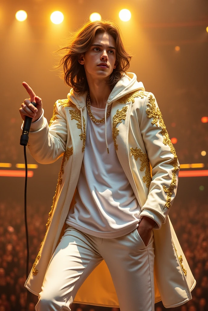 artwork best quality handsome american male ager long brown hair light skin with white cape and hooded coat on head with gold accents white long sleeve shirt and white pants underneath intricate gold accents singing holding a microphone seen from afar pointing at the audience at a concert with and gold lighting accents accents uhq 8k