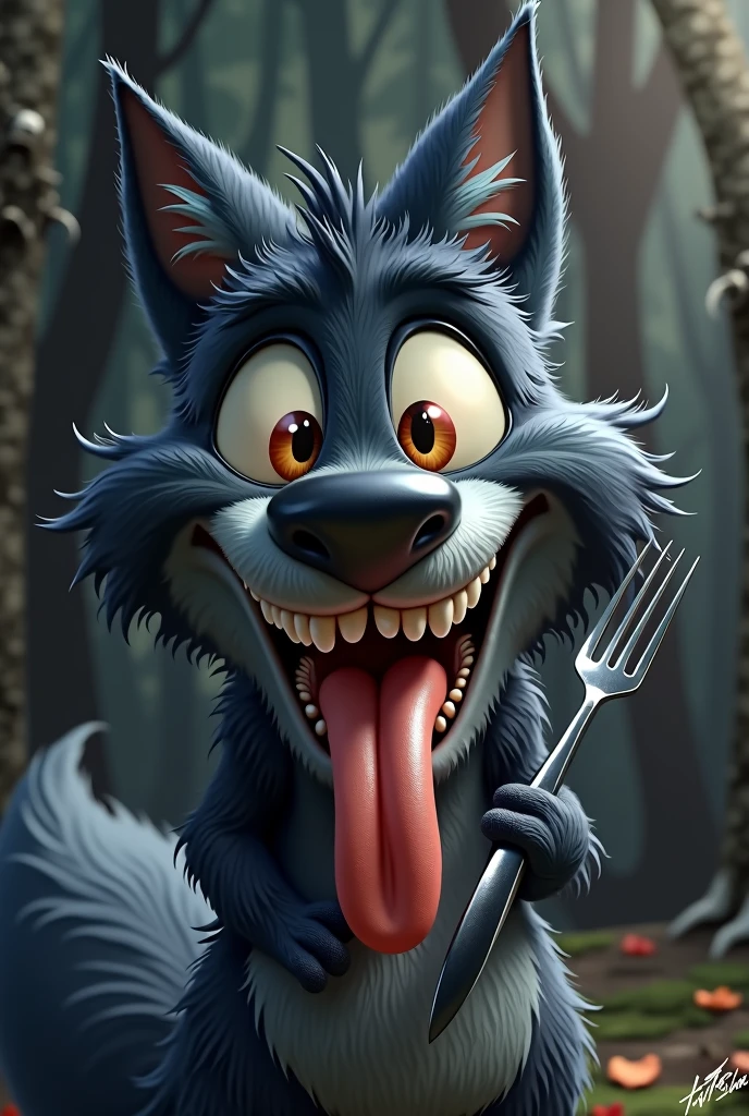 A whimsical, cartoonish black fox with large, expressive orange eyes, and exaggerated facial features stands with a mischievous, wide-eyed grin, holding a fork and a knife and matching the exact expression as the reference image:1.5. The fox's fur is dark black with tufts of fur adding texture and character. Its mouth is open wide with a comically large tongue sticking out, adding to its playful and mischievous appearance. The overall style is highly detailed with a touch of (hand-painted quality:1.4), focusing on exaggerated expressions:1.3, vibrant colors, and a humorous, light-hearted mood. The background is a softly blurred, dark-toned forest with hints of light filtering through the trees, adding to the magical and whimsical atmosphere.