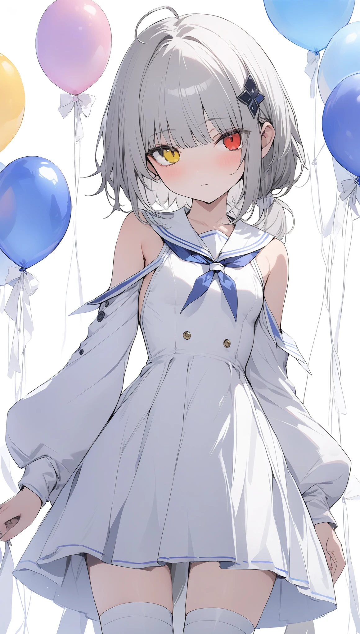 {{masterpiece}}, The best quality of life, 超High resolution, Attention to detail, high quality, High resolution, 最high quality, 4K, 8k,Attention to detail,((White medium hair、Low Ponytail、curi inside hair、Gray Hair))) hair ornaments、One Woman、Small breasts,((expressionless、slant eyes,))((Red and yellow eyes)) ,((Heterochromia iridis)) ,((White background))、(((White long-sleeved sailor dress、Open shoulder、Balloon sleeve、White Knee-high boots)))Cowboy Shot、Watching Me