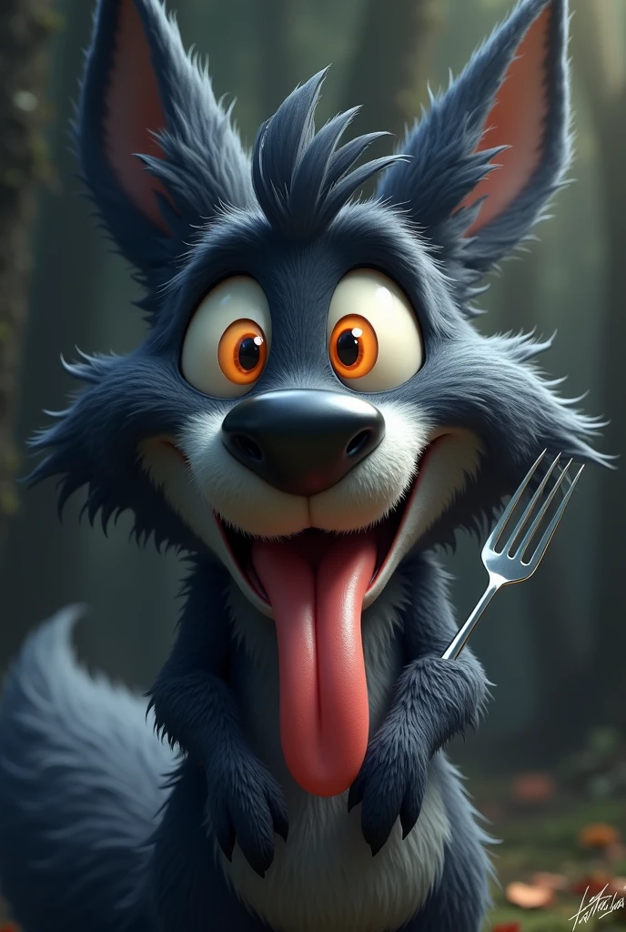 A whimsical, cartoonish black fox with large, expressive orange eyes, long mouth, and exaggerated facial features stands with a mischievous, wide-eyed grin, holding a fork and a knife and matching the exact expression as the reference image:1.5. The fox's fur is dark black with tufts of fur adding texture and character. Its mouth is open wide with a comically large tongue sticking out, adding to its playful and mischievous appearance. The overall style is highly detailed with a touch of (hand-painted quality:1.4), focusing on exaggerated expressions:1.3, vibrant colors, and a humorous, light-hearted mood. The background is a softly blurred, dark-toned forest with hints of light filtering through the trees, adding to the magical and whimsical atmosphere.