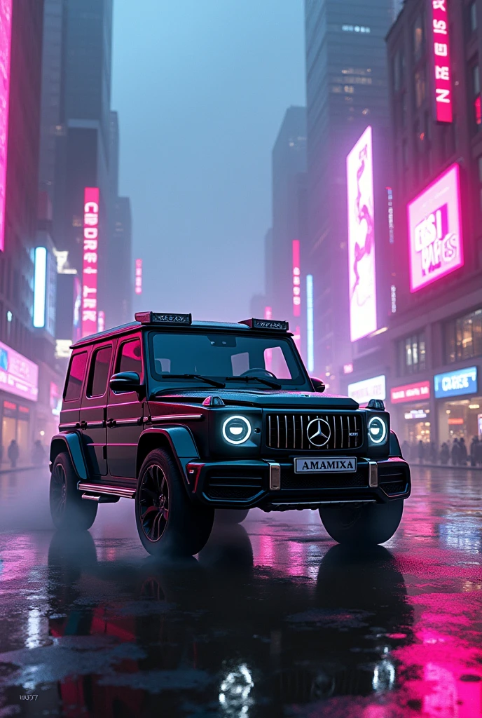 G wagon in cyberpunk city with pink and blue neon light with fog