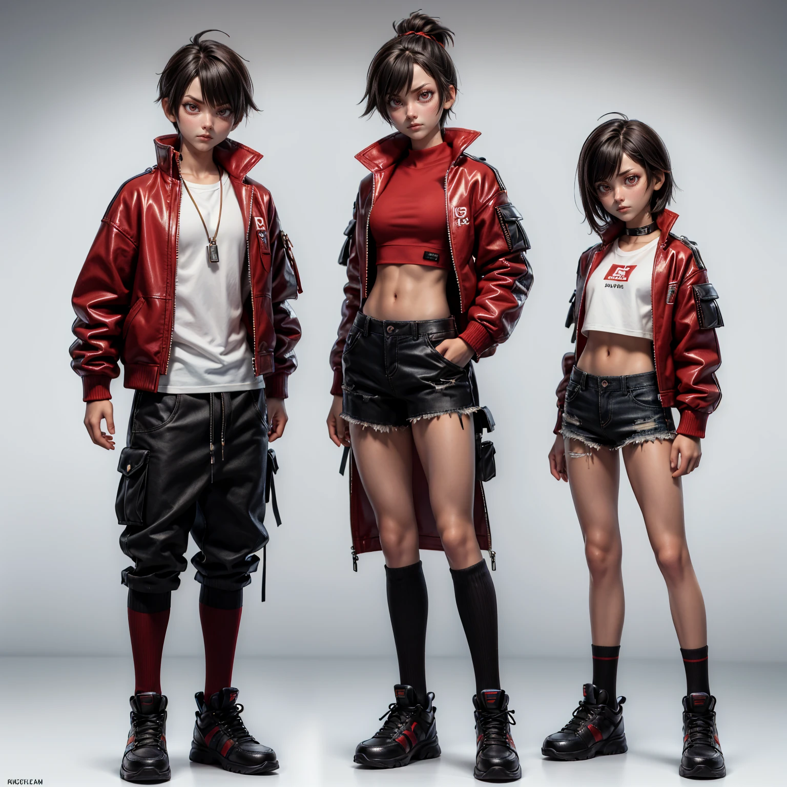 A boy fighter wearing streetwear like loose clothes, a crop top and a jacket and cargos. all dress in red color She must be in a fighting pose. Character Sheet, , Full body, Simple white background, front pose character reference sheet, Concept art, design sheet