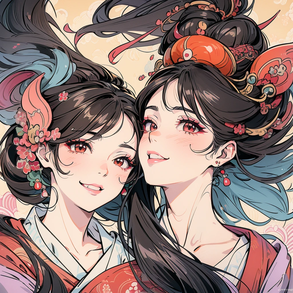 Beautiful woman smiling and showing her upper white teeth、Vividly colored Ukiyo-e style illustrations、SeaArt creates stunning illustrations of beautiful women in kimonos、Brown-black long hair、Beautiful full body style、Beautiful digital illustrations、Beautiful digital painting, Bright and vibrant anime art, Detailed digital anime art, Beautiful anime portraits