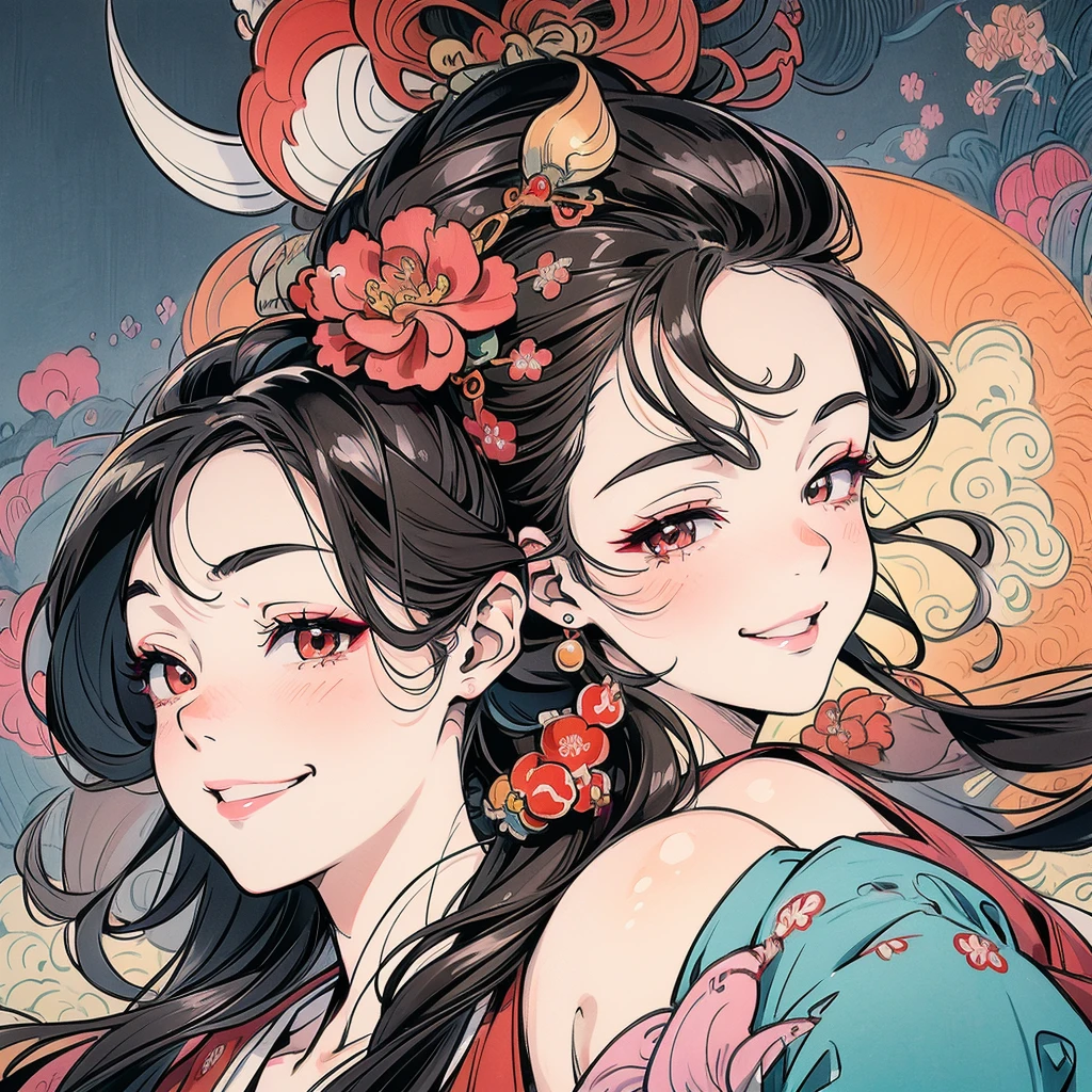 Beautiful woman smiling and showing her upper white teeth、Vividly colored Ukiyo-e style illustrations、SeaArt creates stunning illustrations of beautiful women in kimonos、Brown-black long hair、Beautiful full body style、Beautiful digital illustrations、Beautiful digital painting, Bright and vibrant anime art, Detailed digital anime art, Beautiful anime portraits