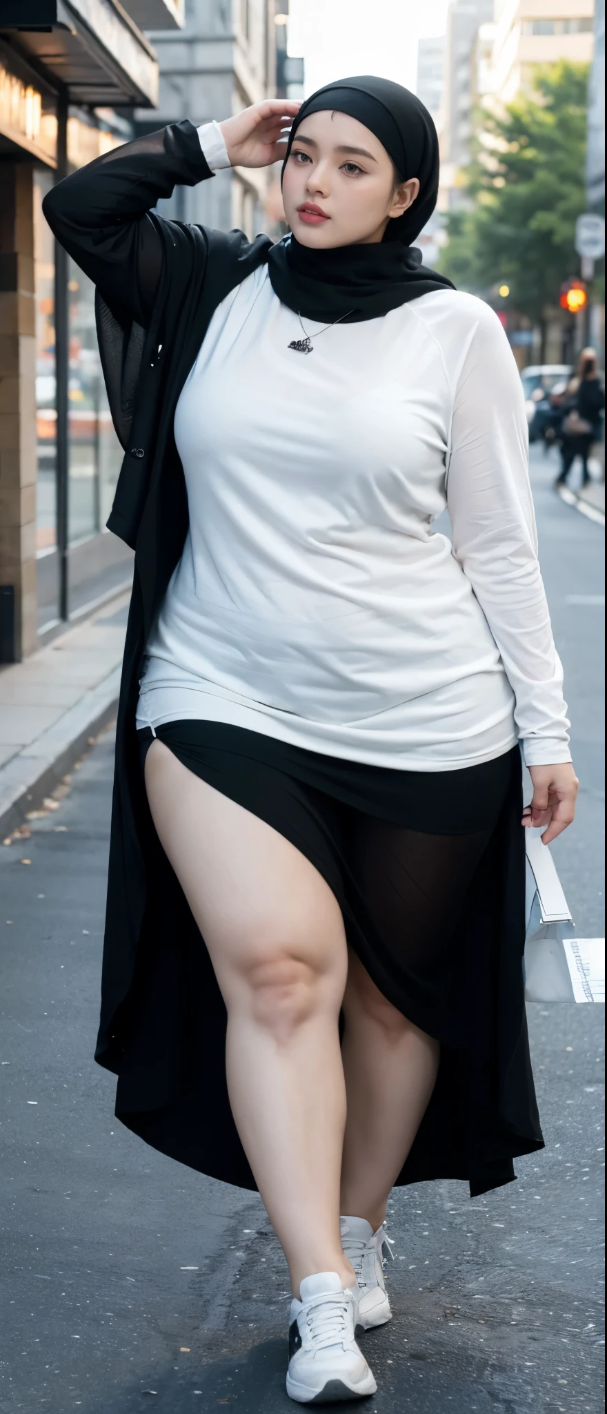 Milky white skin woman in long black dress and hijab walking down the street, , hijab outfit, , hijab fashion model, plus size, plus size woman, , woman in black robes, beautiful woman, thicc, black outfit,, bbwchan , white sneakers , Height 170 cm, beautiful woman, with a beautiful appearance, a very beautiful masterpiece, a masterpiece of art, good lighting, Bright colors, Clean lines