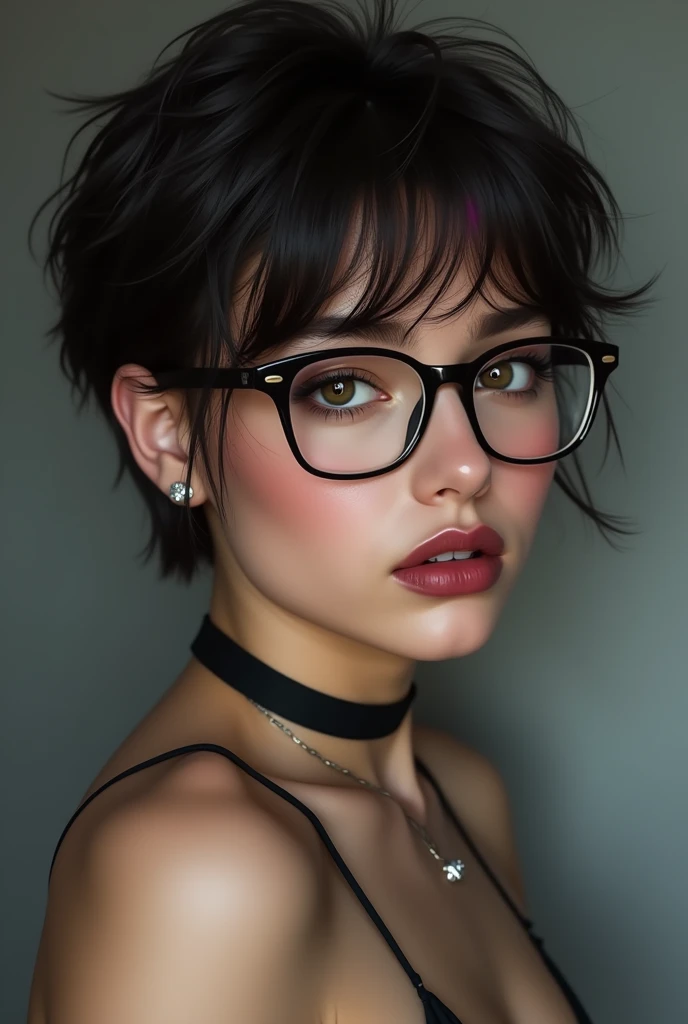 highly realistic, creative, sensual, extremely detailed, realistic, creative, and sensual, (masterpiece, high quality, best quality:1.3), (photorealism:1.3), (dynamic shadows, dynamic lighting:1.2), (natural skin texture:1.5), (natural lips, detailed lips:1.3), (natural shadows, detailed shadows:1.5), (hyperrealism, soft light, sharp), (hdr, hyperdetailed:1), (intricate details:0.8), detailed eyes, detailed hair, detailed skin, 8k, (cinematic look:1.4), insane details, intricate details, hyperdetailed, low contrast, soft cinematic light, exposure blend, hdr, faded, slate gray atmosphere, (everything Detailed), A photo of a young, nerdy woman. (looking at the viewer:1.4). ((short messy) dark brown hair:1.4), (slender), athletic, (dark lips:1.5), flirting with the camera. (white sclera), (square glasses:1.2).  (choker). makeup, (jewelry). (smiling). (dyed hair, (highlights), pink hair color:1.1). (dominant, confident, seductive, intimidating:1.2) (depth of field, soft light, dramatic light, posing for the camera, professional fashion photoshoot). ((hazel brown) and (green:0.2) eyes)