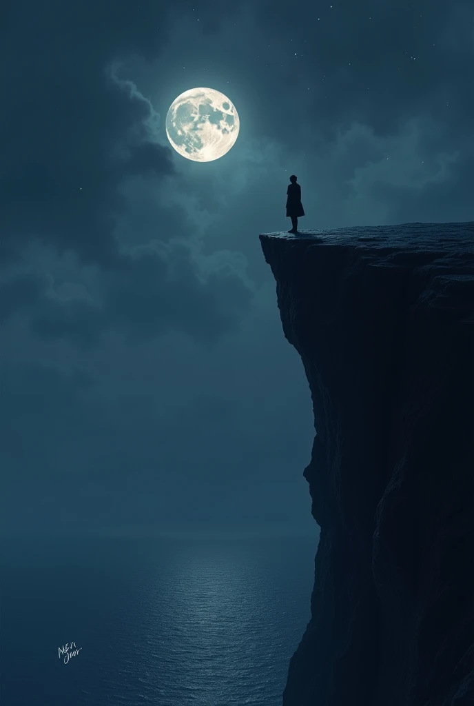 "A lone figure standing on the edge of a cliff, gazing at a distant horizon during a calm night. The figure is softly illuminated by moonlight, with 'Sang Pemimpi Sunyi' written in a delicate, flowing script along the bottom or side of the image. The color palette should feature navy blue, black, and silver."
Detail: Incorporate the title into the scene, blending harmoniously with the night sky and cliff.