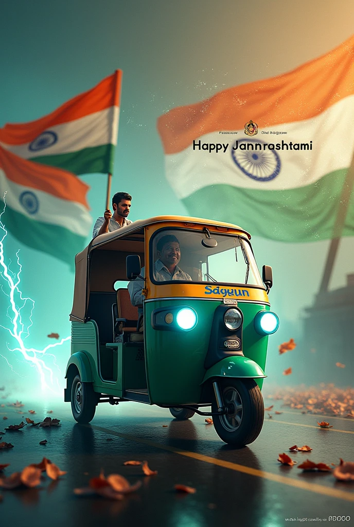 Battery Electric Rickshaw with brand name Sagun driving by a man holding indian flag and faded Indian flag in background and electricity running in the air and in the background Happy Janmashtami written with little krishna image