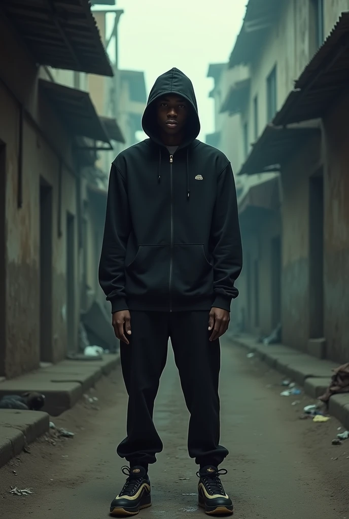 masterpiece, Best Quality, Cinematic photo by Iconic, slum, young man smoking, eyes covered by the closed black kangaroo jacket, air max 97, Whole body, ancient, movie clásica, dramatic lighting, High resolution, Photography, movie, High resolution