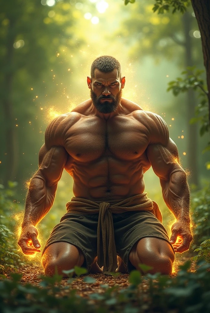 Strong man kneeling。Aura of Life