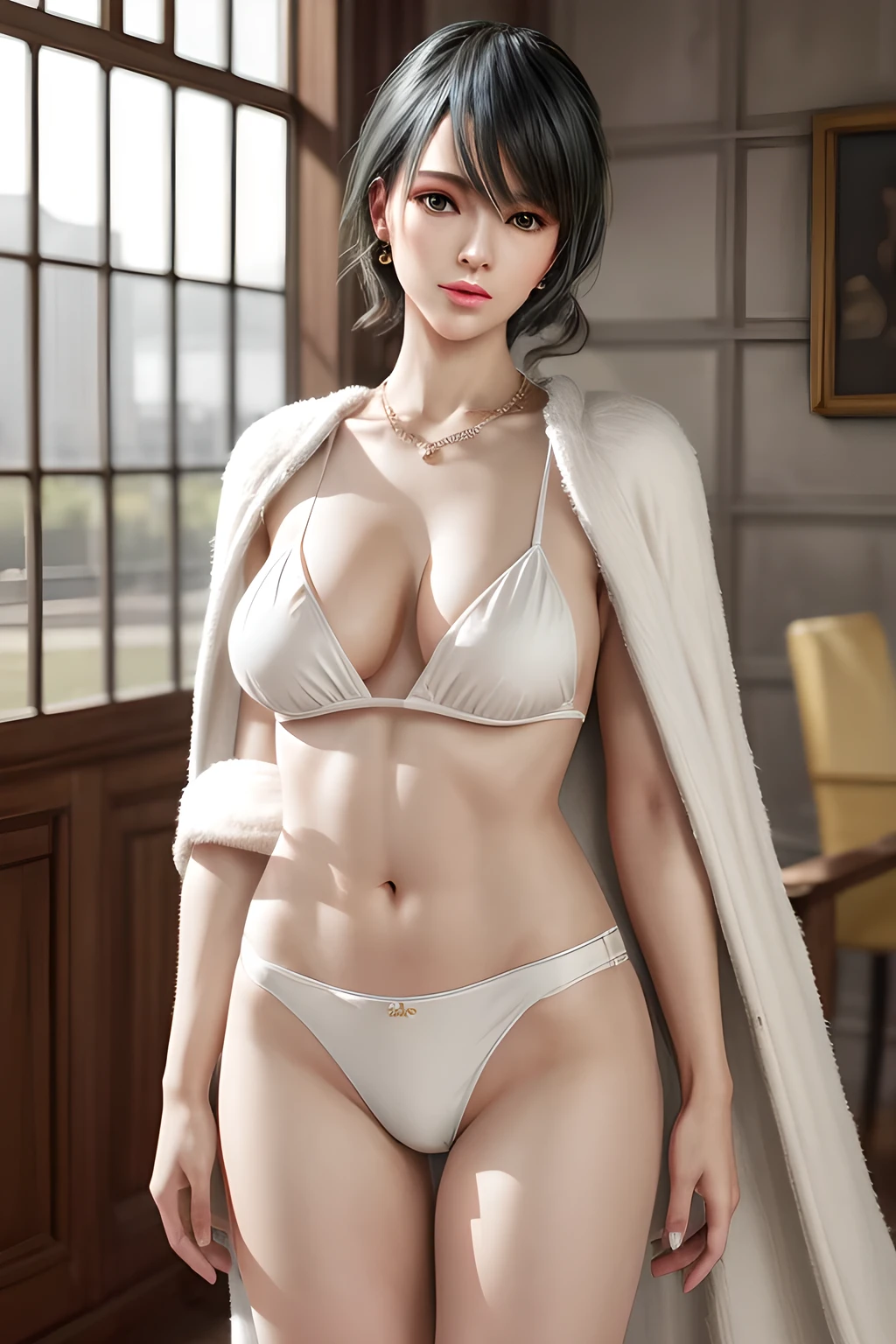 A lady with extraordinary temperament, she stands in a modern indoor space, as if she is a model from a fashion magazine. She is wearing a (pure white long fur cape), the softness and luster of which makes her look more noble under the light, and complements her (beige bikini) underneath, showing her gentle temperament while maintaining a sense of fashion. The style of the dress is simple and generous, a perfect match, and it lengthens her figure, making her tall and charming. The lady's makeup is delicate and elegant, which just highlights her facial features and makes people unforgettable at first sight. Although the earrings and necklace she wears are not ostentatious, they add a bit of sophistication and nobility to her overall look. Her hair is casually draped over her shoulders, and every strand of hair exudes a natural luster,, (best quality,8k,highres,masterpiece:1.2),ultra-detailed,(realistic,photorealistic,photo-realistic:1.37),studio lighting,ultra-fine painting,sharp focus,physically-based rendering,extreme detail description,professional,vivid colors
