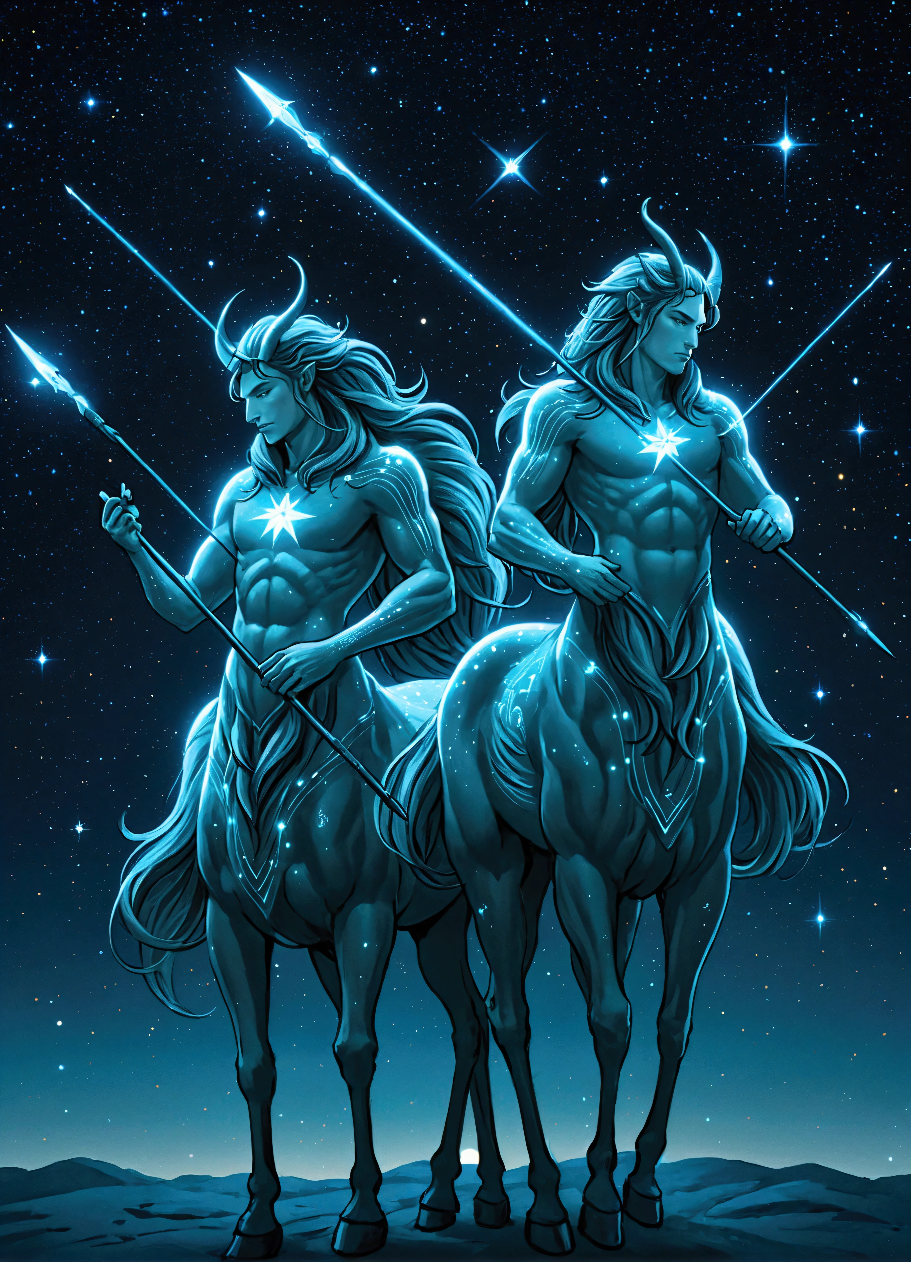 Illustration of centaurs with luminous lines, centaurs holding spears, stars and starry sky, constellations, constellation Centaurus, 1man, (a man wearing a shawl)