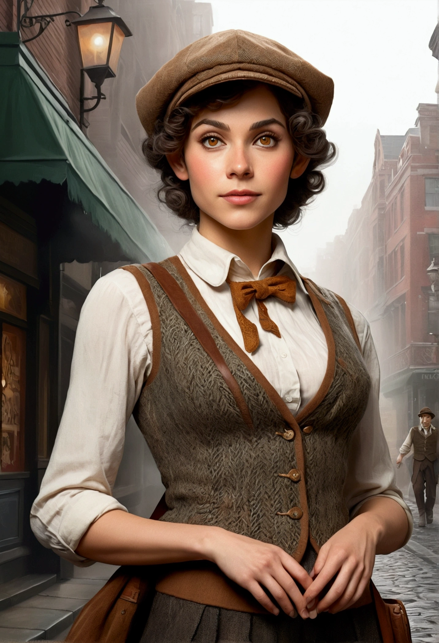 An illustrated movie poster, hand-drawn, full color, an elven maiden, wearing a tweed vest and a newsie cap, tall, toned, amazonian stature, athletic hourglass figure, busty bosom, long pointy elf ears, amber eyes, dark hair, curly bob cut, warm almond skintone, freckles, resembles Ana De Armas, standing on a foggy Victorian-era street corner, graphite shading, stencil marks, airbrushed acrylic paint, masterpiece, elf ears