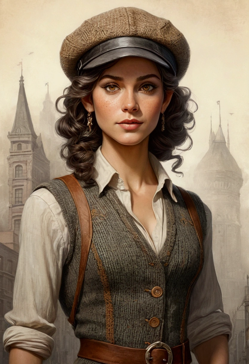An illustrated movie poster, hand-drawn, full color, an elven maiden, wearing a tweed vest and a newsie cap, tall, toned, amazonian stature, athletic hourglass figure, busty bosom, long pointy elf ears, amber eyes, dark hair, curly bob cut, warm almond skintone, freckles, resembles Ana De Armas, standing on a foggy Victorian-era street corner, graphite shading, stencil marks, airbrushed acrylic paint, masterpiece, elf ears