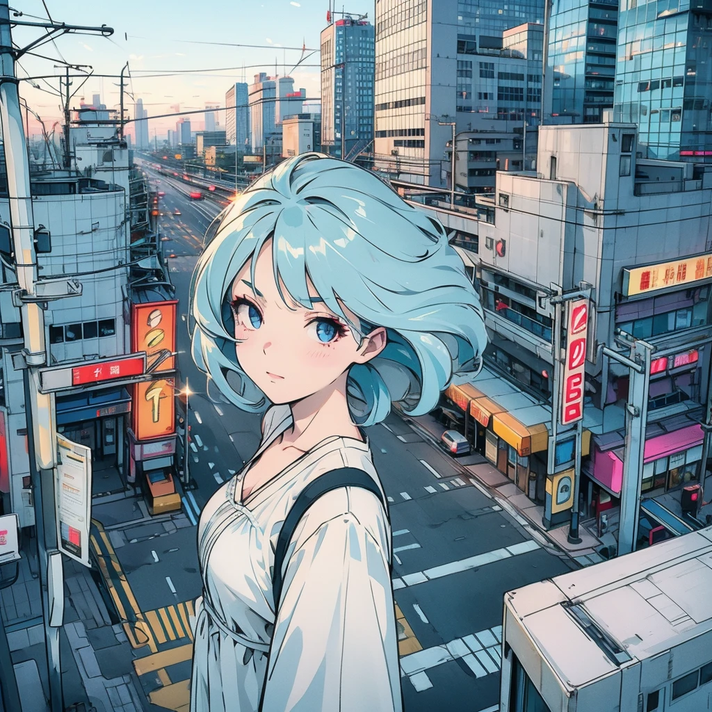 Upper Body, 1 female, Highest quality, 8k, The wind is blowing,White camisole, sunset, Future City, Skyscraper, Power lines, pedestrian crossing, sign, Railway tracks, station, (((Sparkling eyes))), (((mysterious))), Light blue hair, Detailed Hair, Complex background, Detailed explanation, illumination, Backlight, dim, Sky with clouds, front, (((Overhead Shot)))