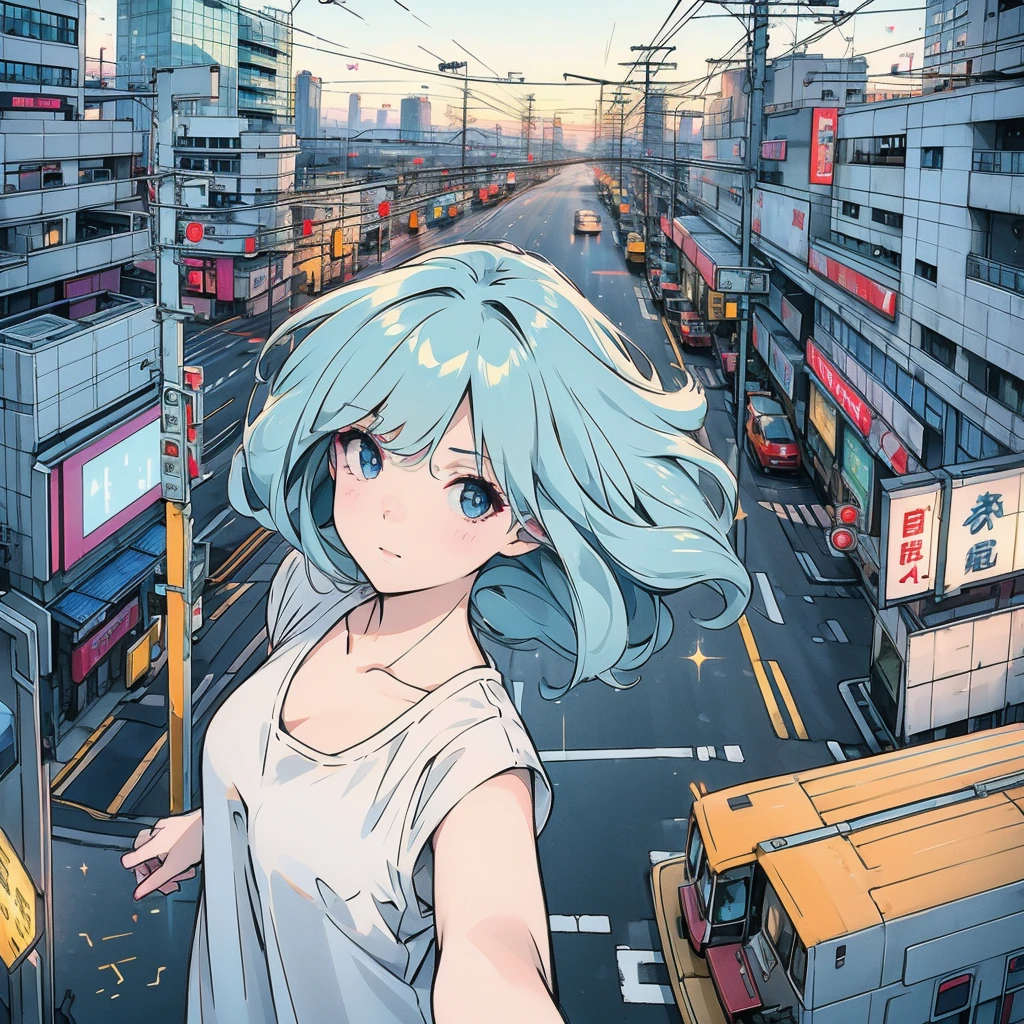 Upper Body, 1 female, Highest quality, 8k, The wind is blowing,White camisole, sunset, Future City, Skyscraper, Power lines, pedestrian crossing, sign, Railway tracks, station, (((Sparkling eyes))), (((mysterious))), Light blue hair, Detailed Hair, Complex background, Detailed explanation, illumination, Backlight, dim, Sky with clouds, front, (((Overhead Shot)))