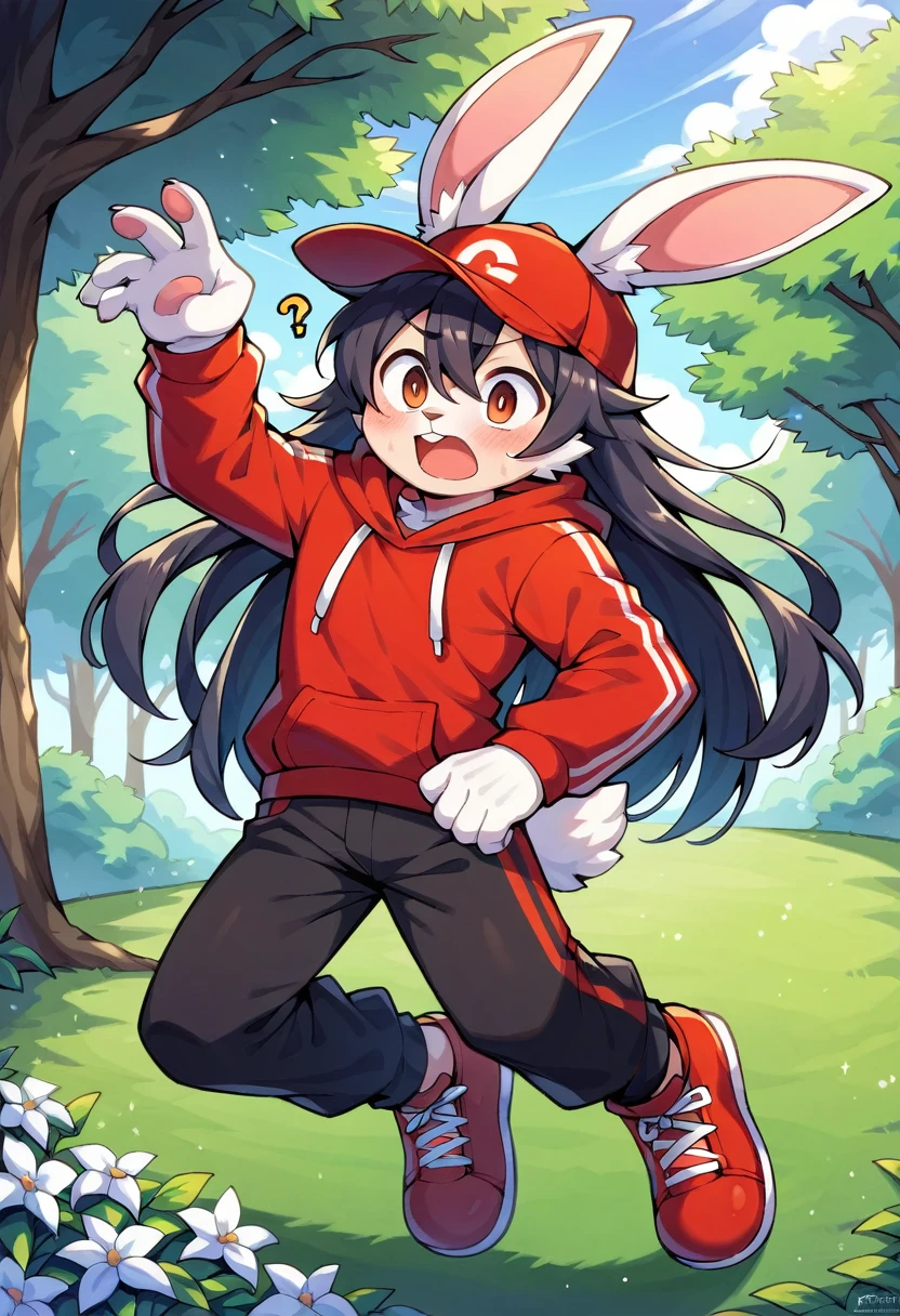 masterpiece, best quality, expressive eyes, perfect face, a man get transformed into a furry white bunny , bunny furry, bunny ears, bunny tail, white fur, confused, blushed, black hair, long hair, red baseball cap with a white M, red hoodie, black shirt, black pants, red sport shoes, brown eyes , Open mouth, full body, shock, in a park