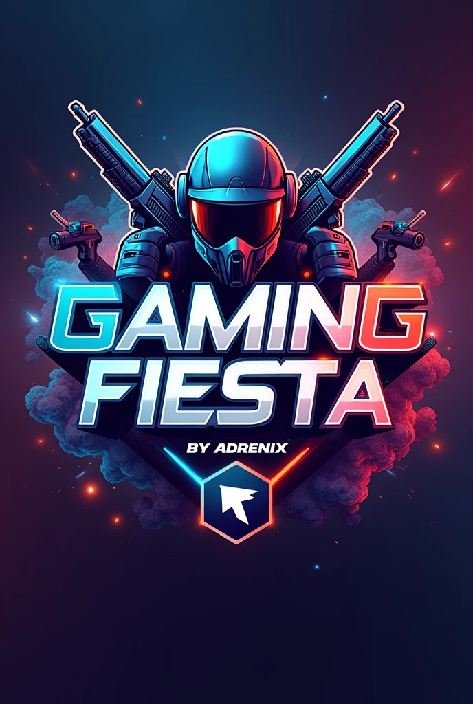 Esports logo with the name GAMING FIESTA BY Adrenix with bold animation in background having guns,helmet.