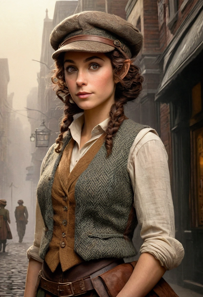 An illustrated movie poster, hand-drawn, full color, an elven maiden, wearing a tweed vest and a newsie cap, tall, toned, amazonian stature, athletic hourglass figure, busty bosom, long pointy elf ears, amber eyes, dark hair, curly bob cut, warm almond skintone, freckles, resembles Ana De Armas, standing on a foggy Victorian-era street corner, graphite shading, stencil marks, airbrushed acrylic paint, masterpiece, elf ears