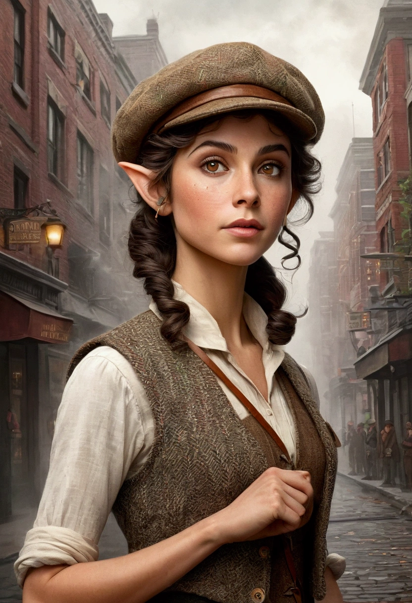 An illustrated movie poster, hand-drawn, full color, an elven maiden, wearing a tweed vest and a newsie cap, tall, toned, amazonian stature, athletic hourglass figure, busty bosom, long pointy elf ears, amber eyes, dark hair, curly bob cut, warm almond skintone, freckles, resembles Ana De Armas, standing on a foggy Victorian-era street corner, graphite shading, stencil marks, airbrushed acrylic paint, masterpiece, elf ears