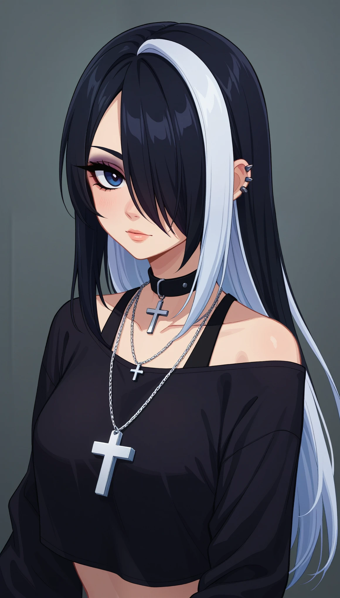score_9, score_6_up, source_anime, source_anthro, rating_safe, [rating_explicit],

Goth girl, Goth girl 1girl 1girl,solo,long hair,looking at viewer,simple background,black hair, jewelry,white hair,multicolored hair,choker,black eyes,grey background,necklace,(hair over one eye),two-tone hair,cross,portrait,dressed,  