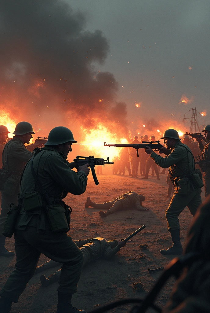 A battlefield from World War II , opening enemy fire a shootout with Dead in the background lying on the floor with wizards