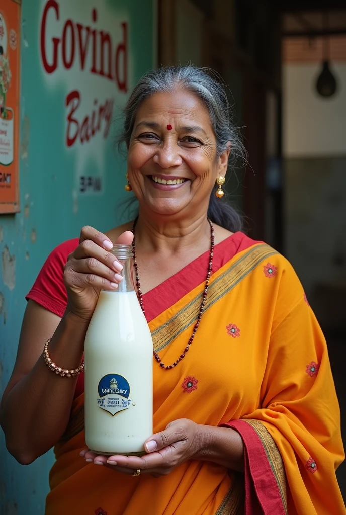 Amita bachan with glass milk bottle
branding Govind Dairy