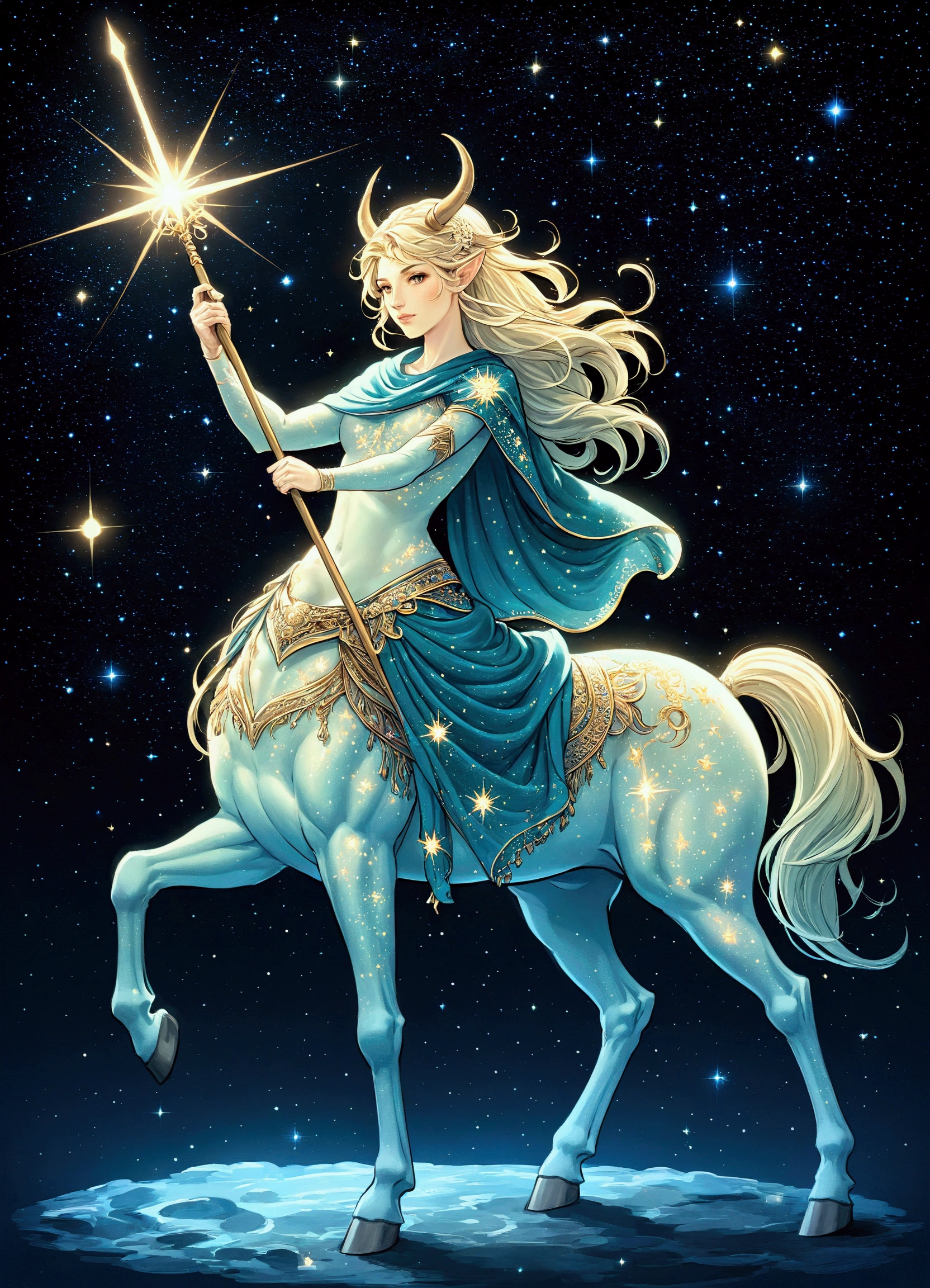 Illustration of a dressed centaur (luminescent rays), centaur with spear, stars and starry sky, constellations, centaurs, one, (centaur with shawl)