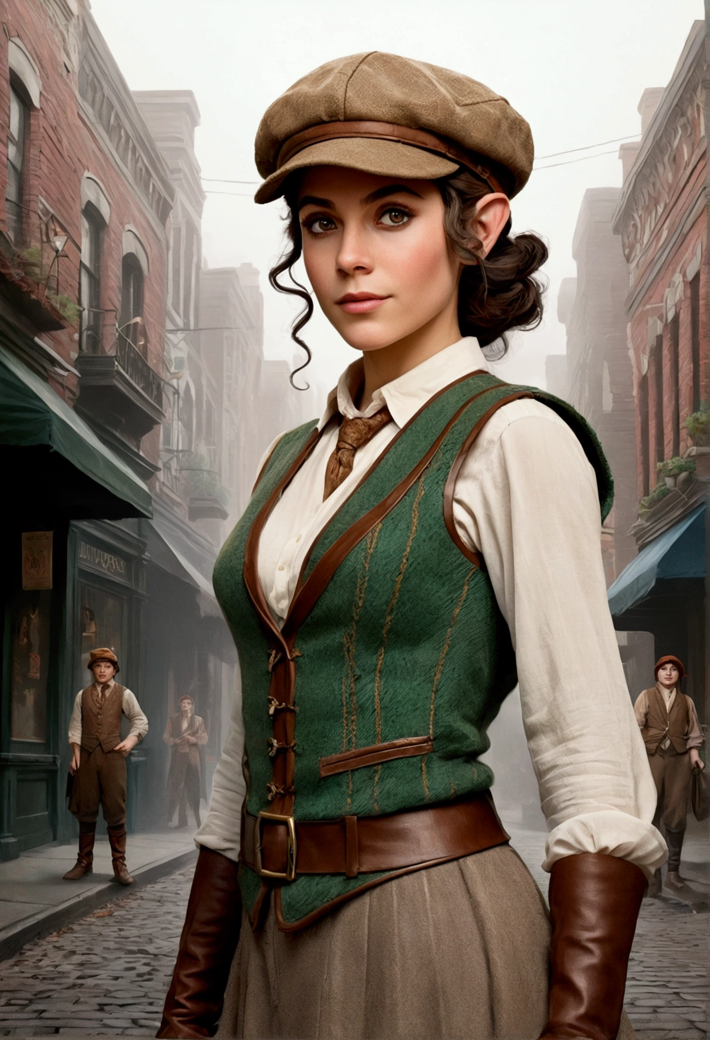 An illustrated movie poster, hand-drawn, full color, an elven maiden, wearing a tweed vest and a newsie cap, tall, toned, amazonian stature, athletic hourglass figure, busty bosom, long pointy elf ears, amber eyes, dark hair, curly bob cut, warm almond skintone, freckles, resembles Ana De Armas, standing on a foggy Victorian-era street corner, graphite shading, stencil marks, airbrushed acrylic paint, masterpiece, elf ears