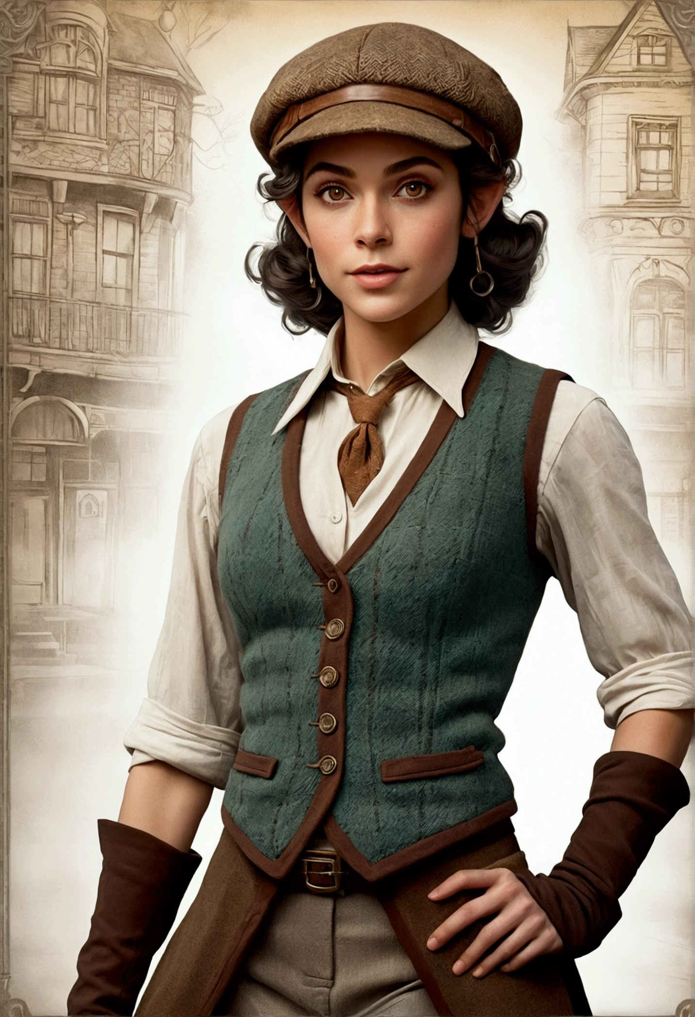 An illustrated movie poster, hand-drawn, full color, an elven maiden, wearing a tweed vest and a newsie cap, tall, toned, amazonian stature, athletic hourglass figure, busty bosom, long pointy elf ears, amber eyes, dark hair, curly bob cut, warm almond skintone, freckles, resembles Ana De Armas, standing on a foggy Victorian-era street corner, graphite shading, stencil marks, airbrushed acrylic paint, masterpiece, elf ears