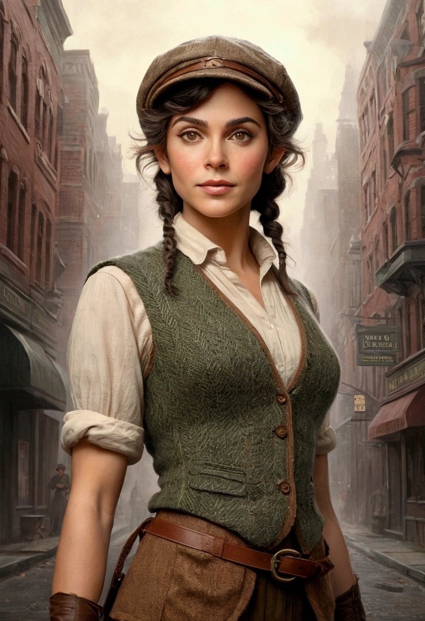 An illustrated movie poster, hand-drawn, full color, an elven maiden, wearing a tweed vest and a newsie cap, tall, toned, amazonian stature, athletic hourglass figure, busty bosom, long pointy elf ears, amber eyes, dark hair, curly bob cut, warm almond skintone, freckles, resembles Ana De Armas, standing on a foggy Victorian-era street corner, graphite shading, stencil marks, airbrushed acrylic paint, masterpiece, elf ears