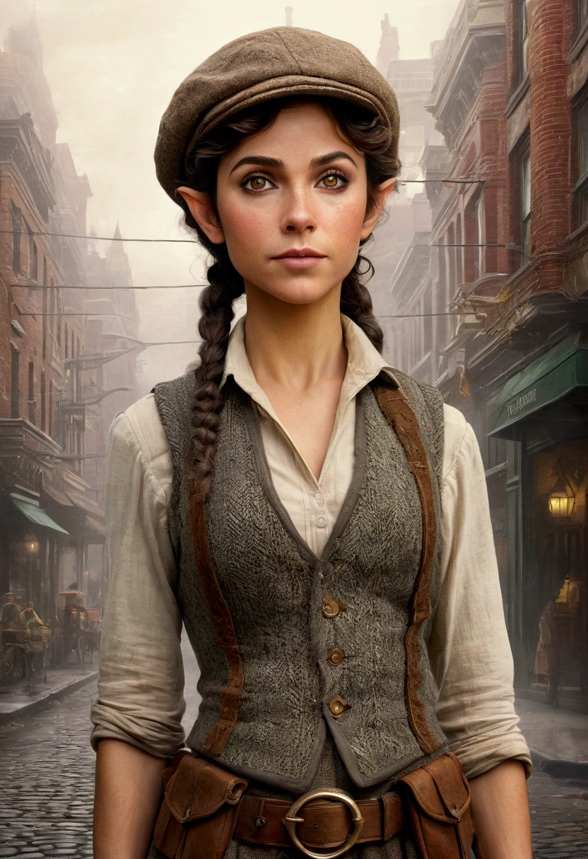 An illustrated movie poster, hand-drawn, full color, an elven maiden, wearing a tweed vest and a newsie cap, tall, toned, amazonian stature, athletic hourglass figure, busty bosom, long pointy elf ears, amber eyes, dark hair, curly bob cut, warm almond skintone, freckles, resembles Ana De Armas, standing on a foggy Victorian-era street corner, graphite shading, stencil marks, airbrushed acrylic paint, masterpiece, elf ears