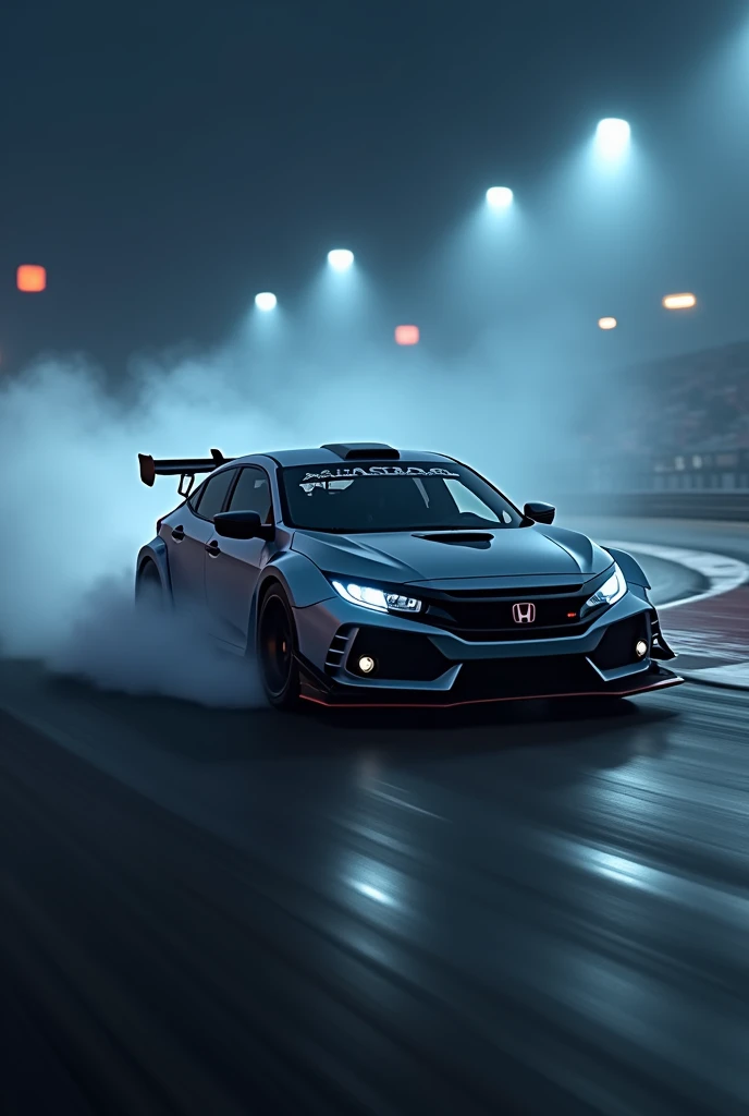 honda civic with body kit racing on racetrack at night and fogl