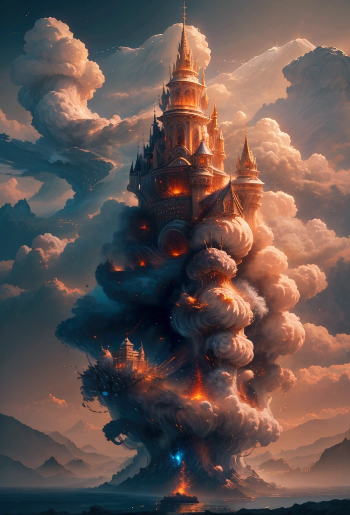 (masterpiece,top quality,high quality)), ((8K wallpaper unified with high definition CG)), multiple mountains with a castles floating in the sky looking heavenly and divine surrounded by swirling magic fire and water, domain expansion,