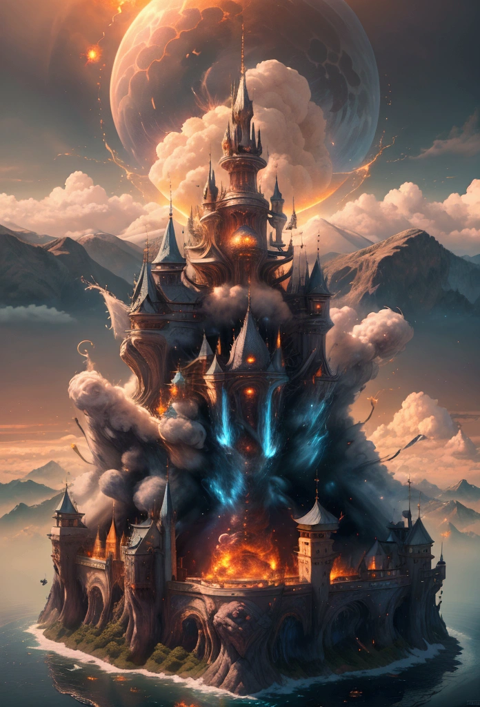 (masterpiece,top quality,high quality)), ((8K wallpaper unified with high definition CG)), multiple mountains with a castles floating in the sky looking heavenly and divine surrounded by swirling magic fire and water, domain expansion,