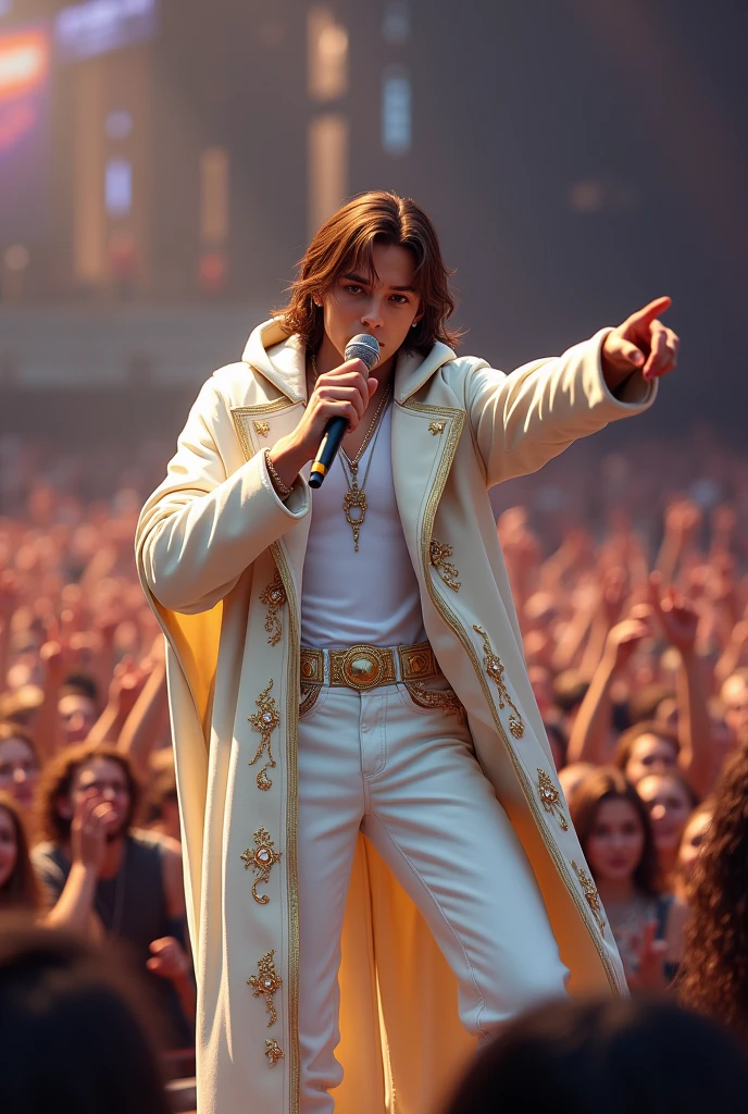 artwork best quality handsome american male teenager long brown hair light skin with white cape and hooded coat on head with gold details white long sleeve shirt and white pants underneath intricate details singing holding a microphone seen from afar pointing at the audience at a concert with details uhq 8k details