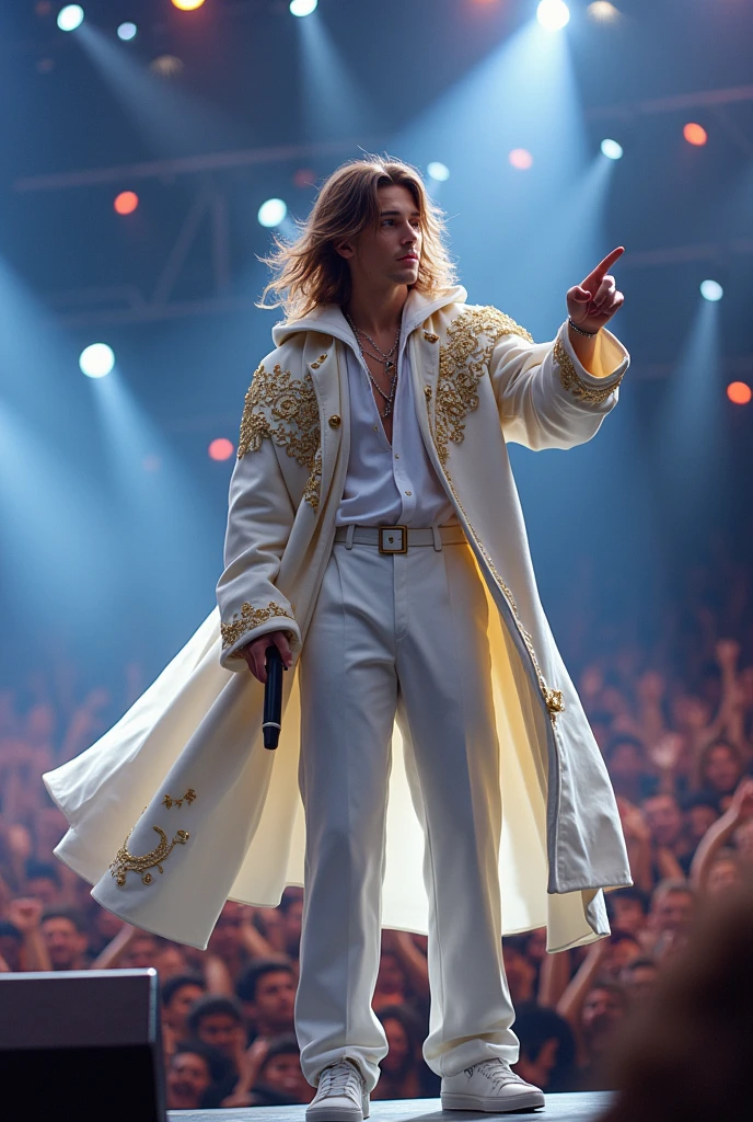 artwork best quality handsome american male teenager long brown hair light skin with white cape and hooded coat on head with gold details white long sleeve shirt and white pants underneath intricate details singing holding a microphone seen from afar pointing at the audience at a concert with details uhq 8k details