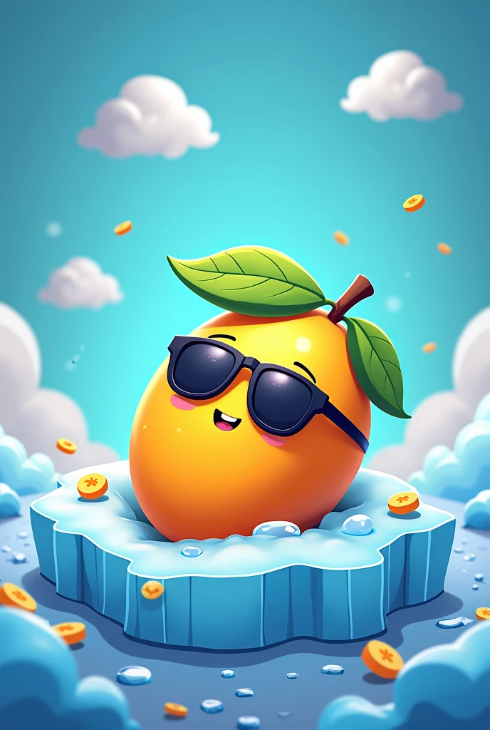 Create a thumbnail for youtube channel showing new web 3.0 telegram project name mango with sunglasses, smile, sleep on ice by mentioning new tap to earn project 