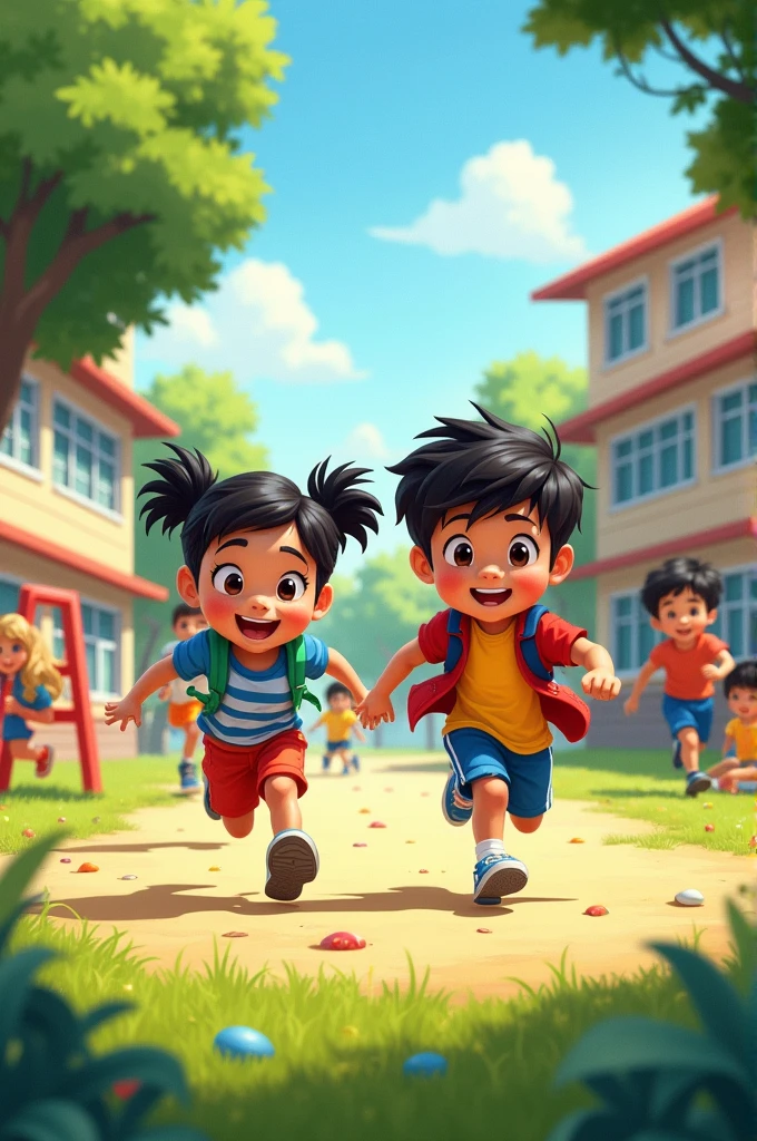 - action-packed illustration of Sochool and Jaden running around the playground, laughing and playing tag, with other kids in the background.