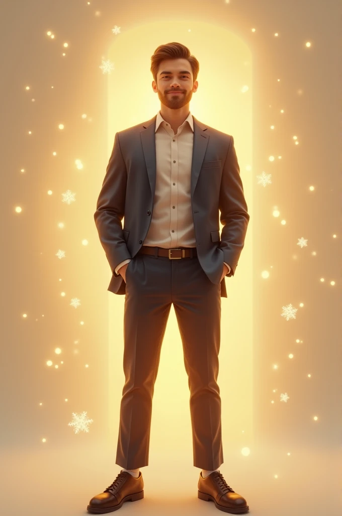 The young man standing confidently, dressed better in clean clothes, with a subtle aura of light around him, showing he now has a good job and is content."